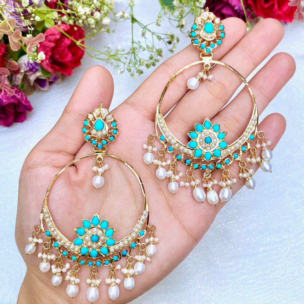 traditonal pakistani  chandbala earrings with turquoise and pearls