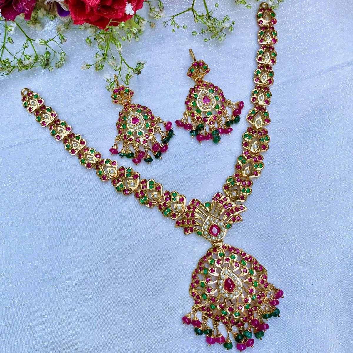Gold Plated Jadau Necklace Set in Silver NS 047
