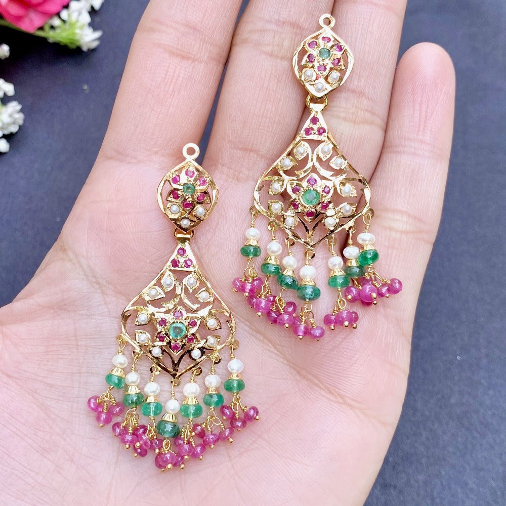gold danglers with rubies and emeralds