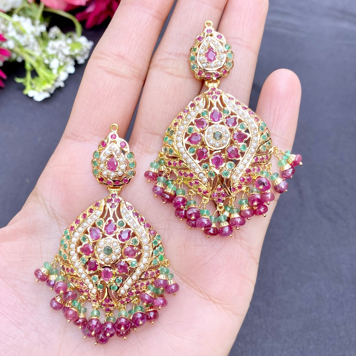 real gold ruby emerald pearl earrings