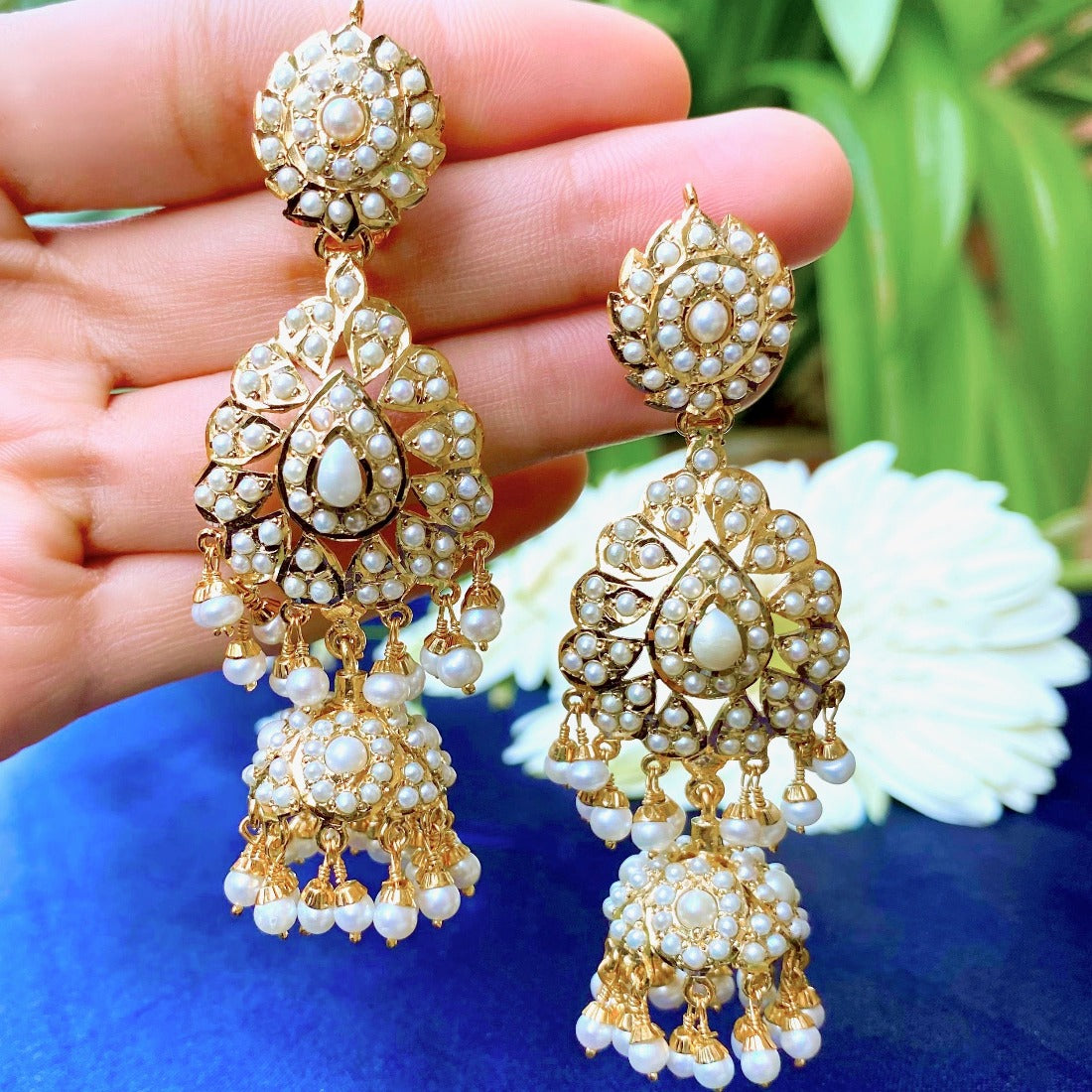pearl jhumkas in gold plated silver