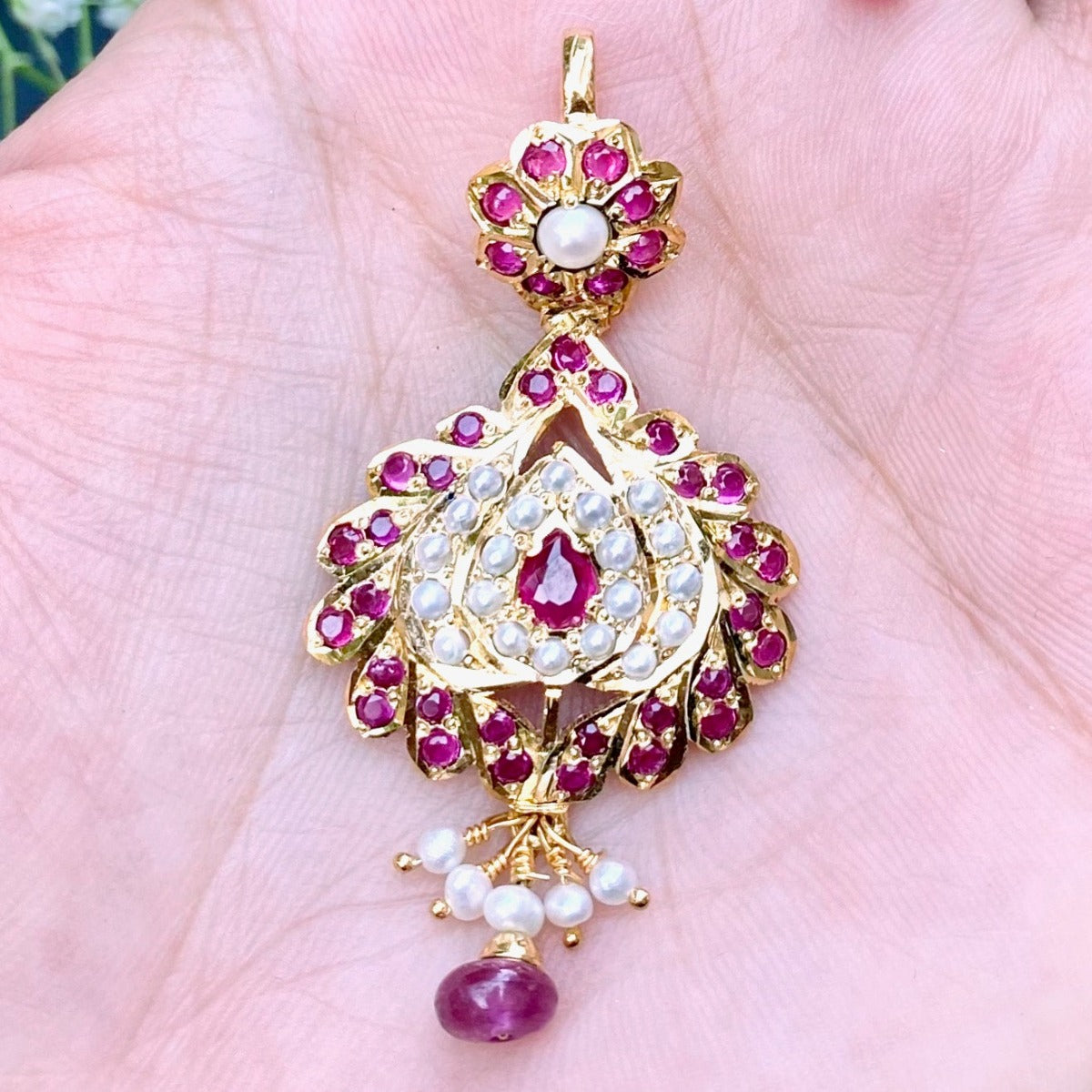 Pearl Ruby Jadau Pendant Set in Gold Plated Silver PS 052