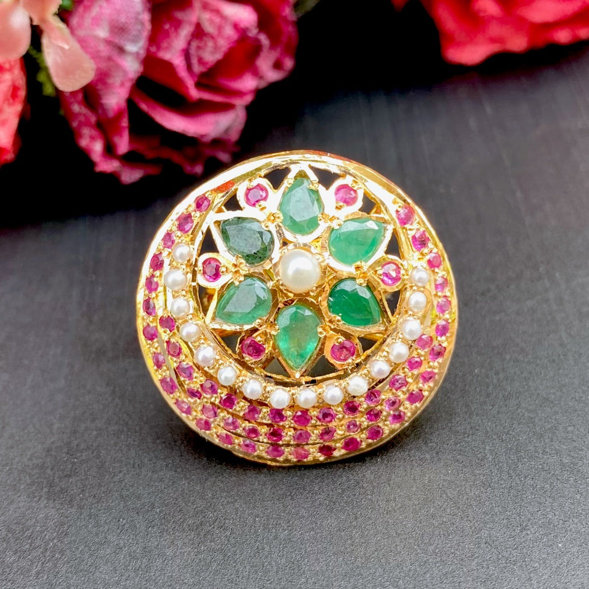 Multicoloured Jadau Ring in 916 Gold GLR 066