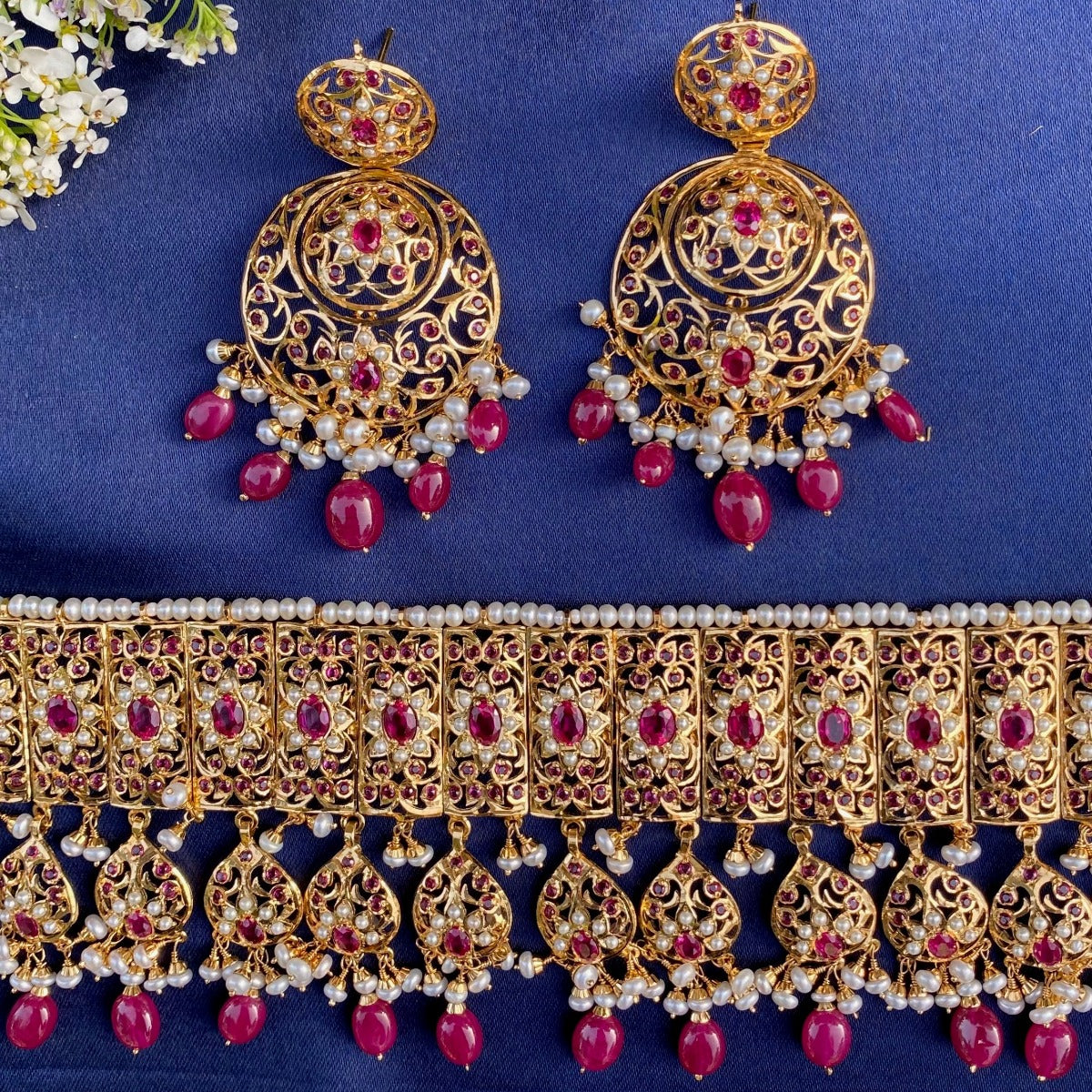 Gold Plated Bridal Jadau Choker Necklace Set in Silver NS 036
