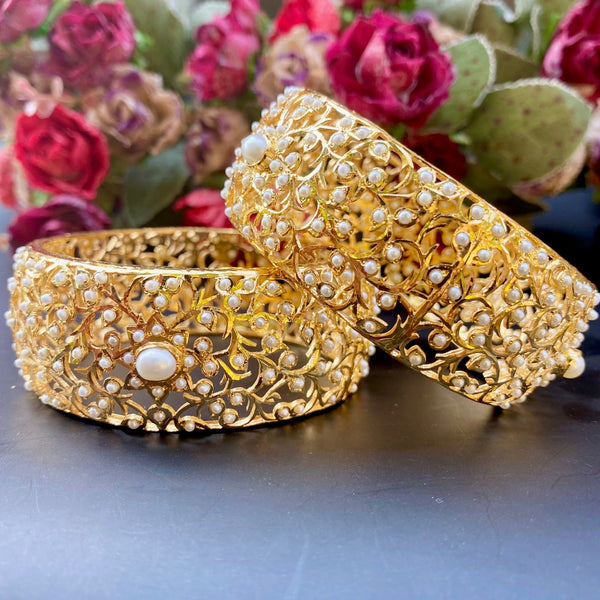 Gold Polished Jadau Bangles | Studded with Freshwater Pearls