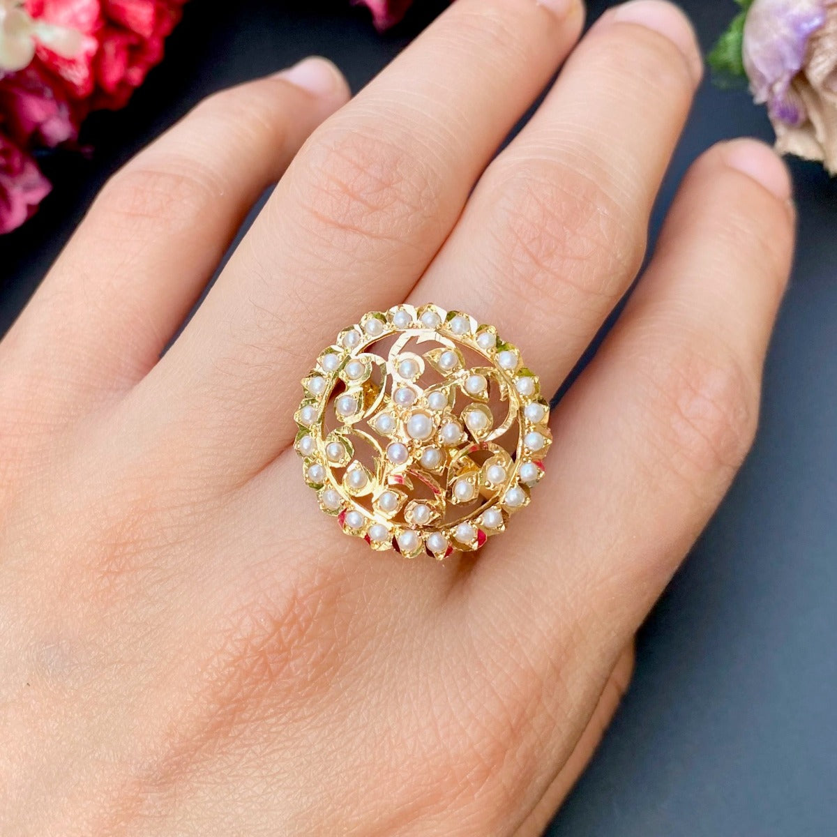 Beautiful Floral Pearl Ring in 22ct Gold GLR 069