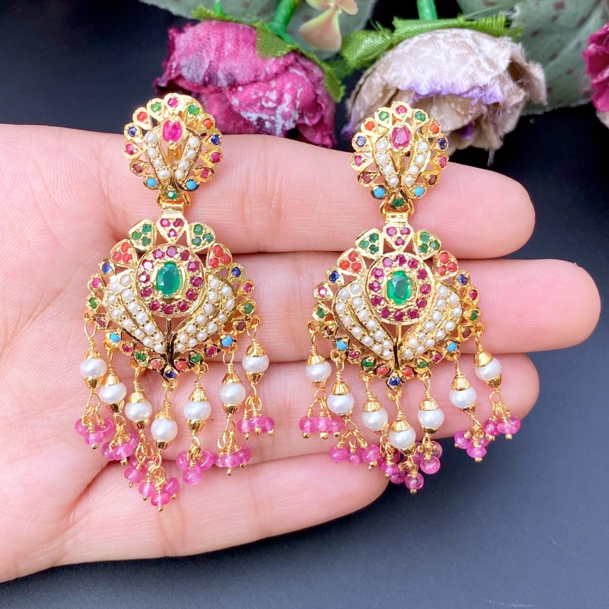 navratna earrings on silver with gold plating