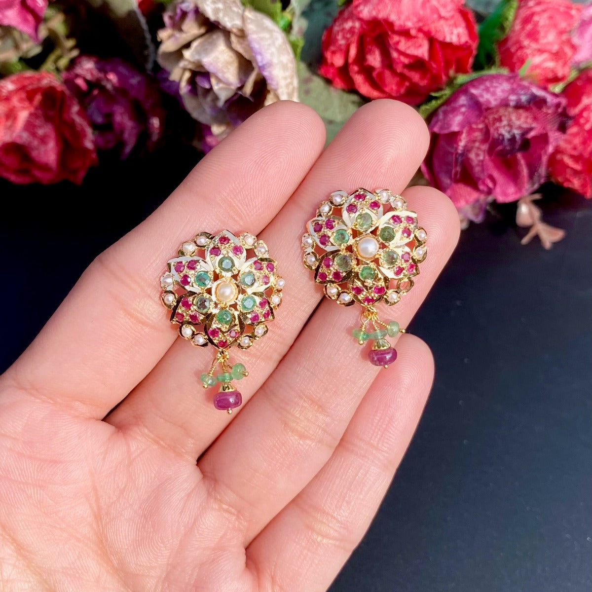 small gold studs with ruby