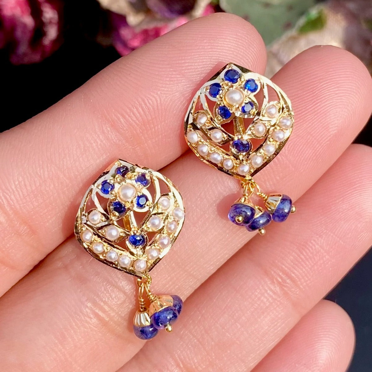 14k Yellow Gold Vintage-inspired Diamond And Blue Sapphire Earrings #103276  - Seattle Bellevue | Joseph Jewelry