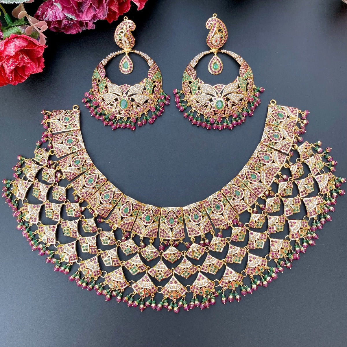 heavy bridal necklace with chandbali earrings studded with precious stones
