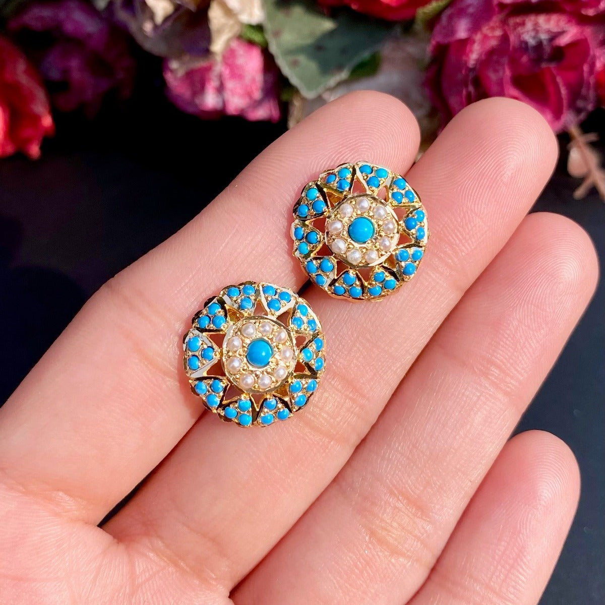 Turquoise Pearl Jadau Studs in 22ct Gold GER 099