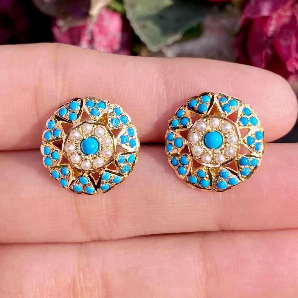 Turquoise Pearl Jadau Studs in 22ct Gold GER 099