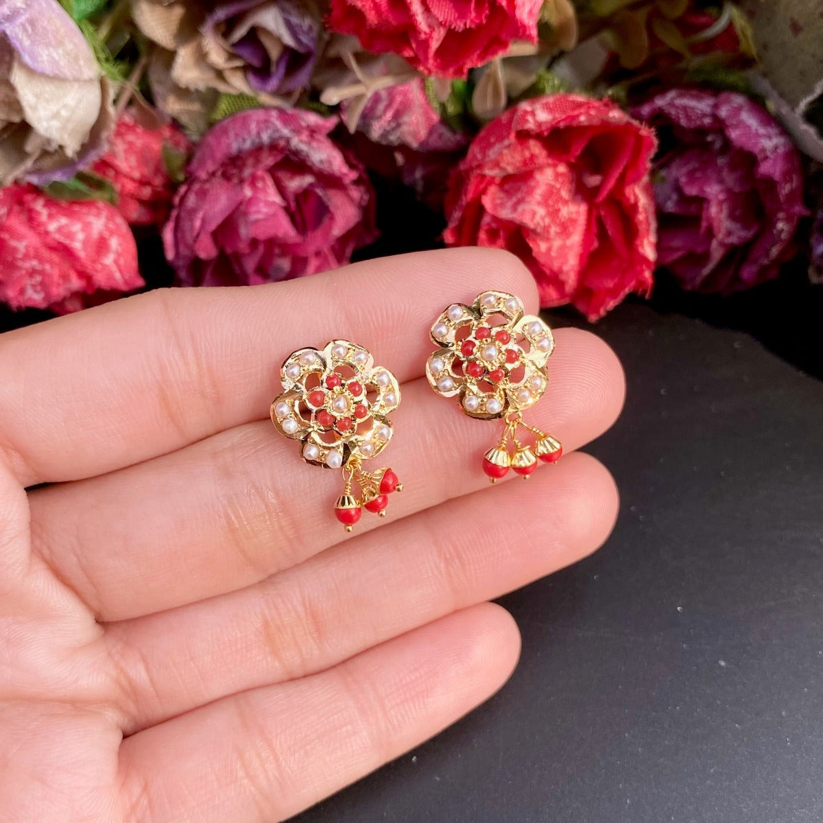 22k gold earrings studded with coral and pearls