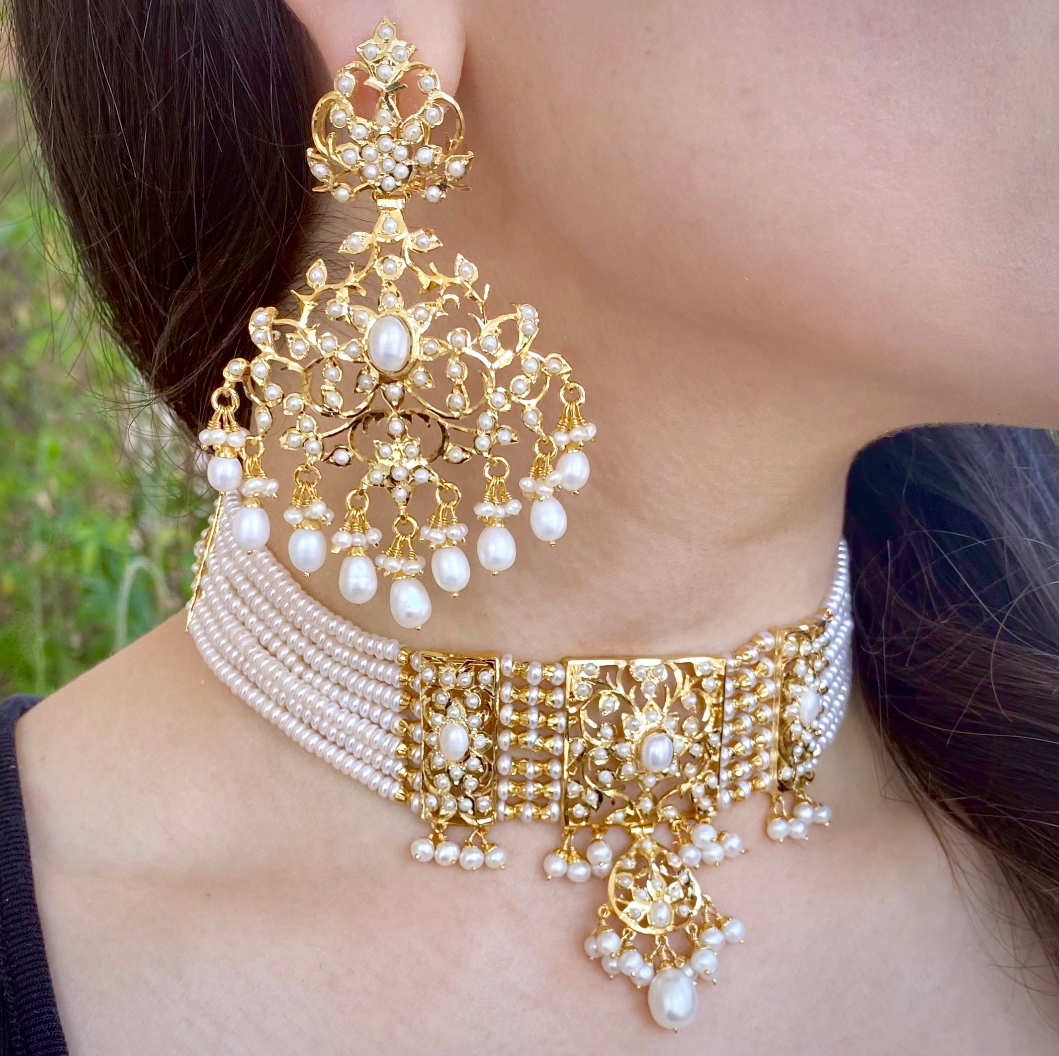 Jadau Choker Necklace Set in Gold Plated Silver Studded with Freshwater Pearls NS 085