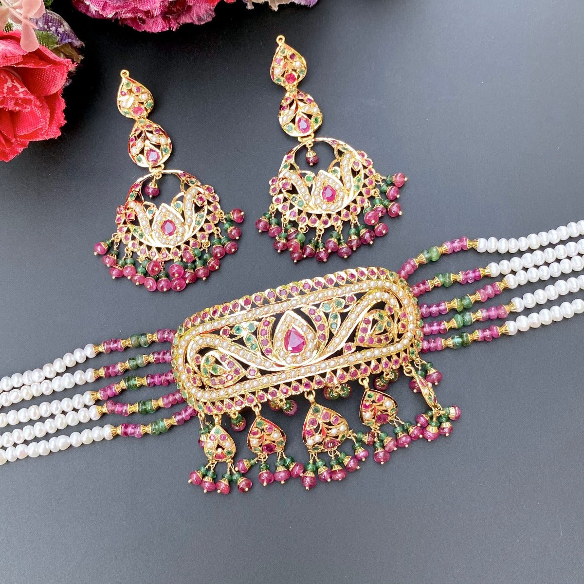 Traditional Jadau Choker Set in 22ct Gold GNS 174