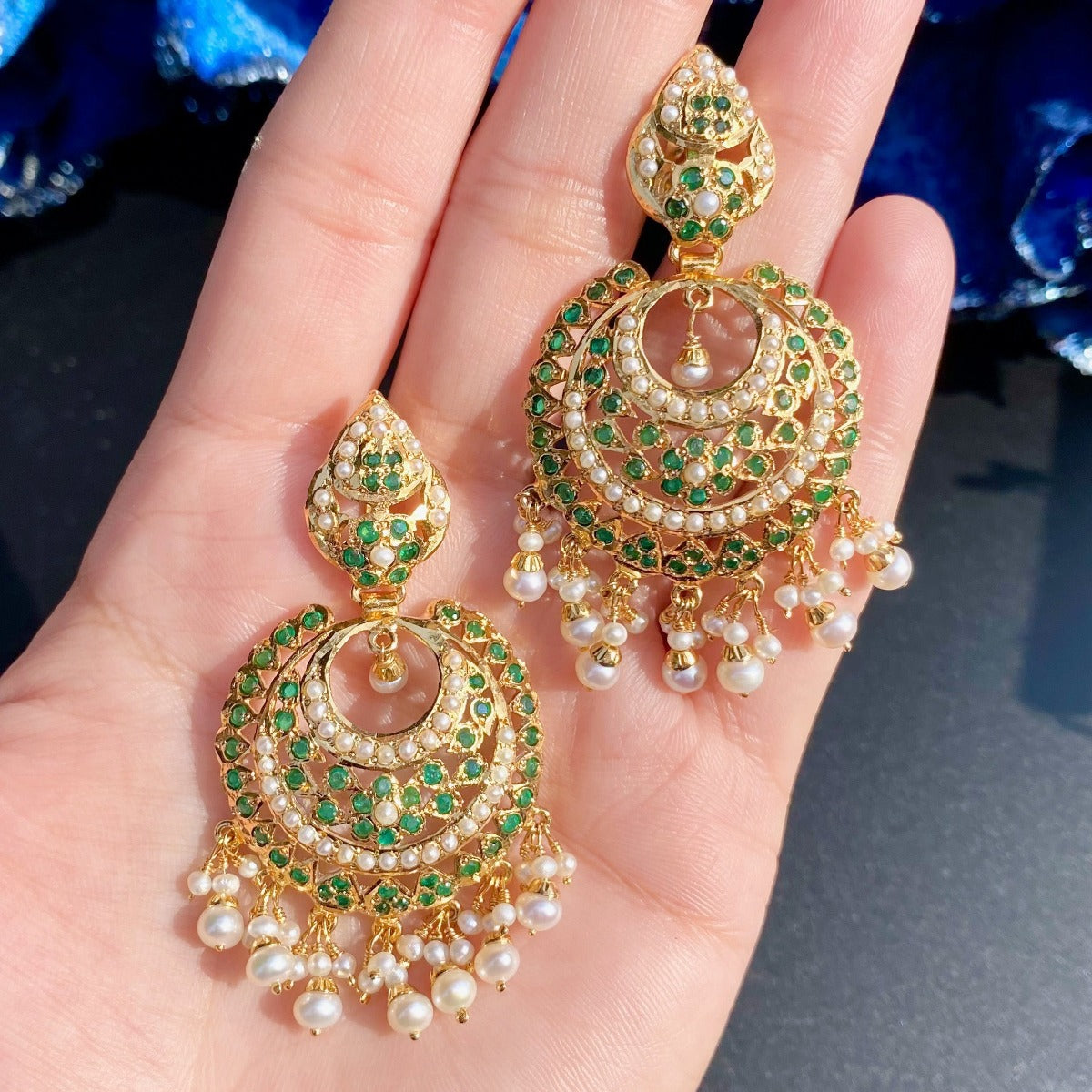 gold plated emerald chandbali earrings