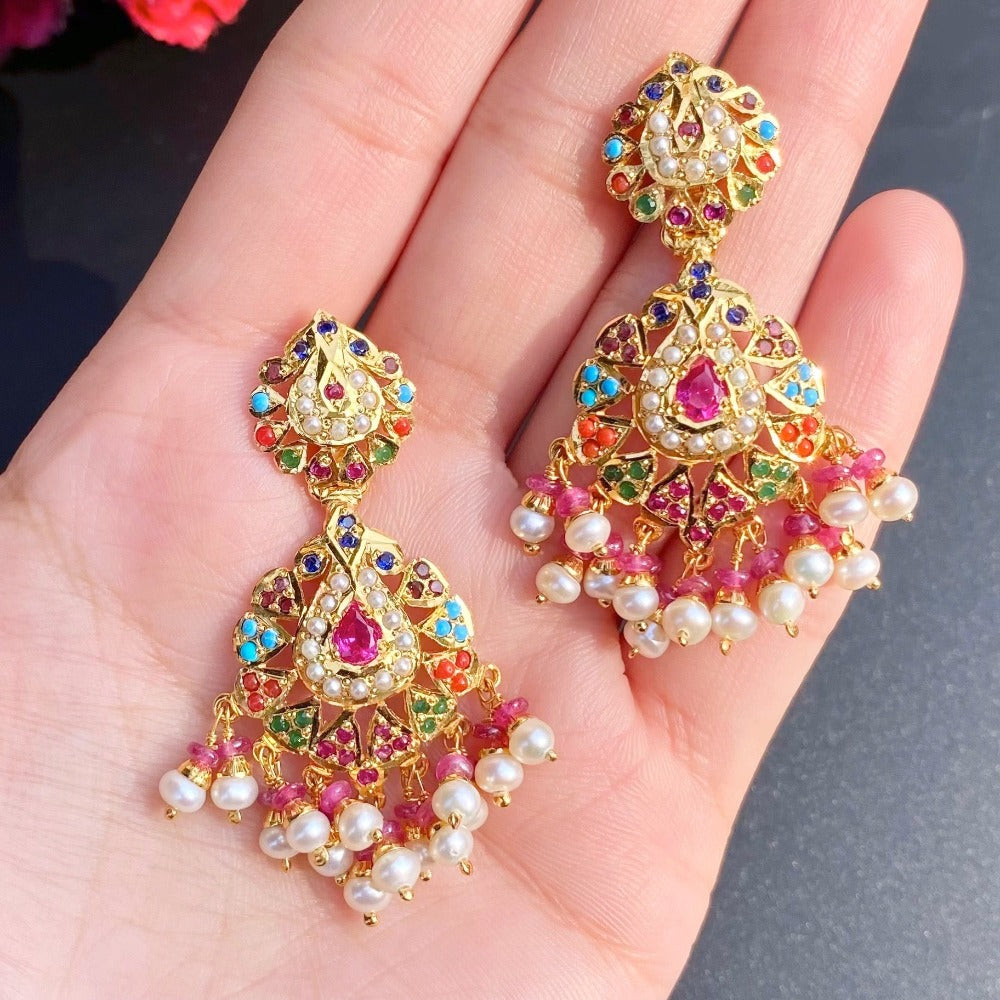navratna earrings with gold plating on silver
