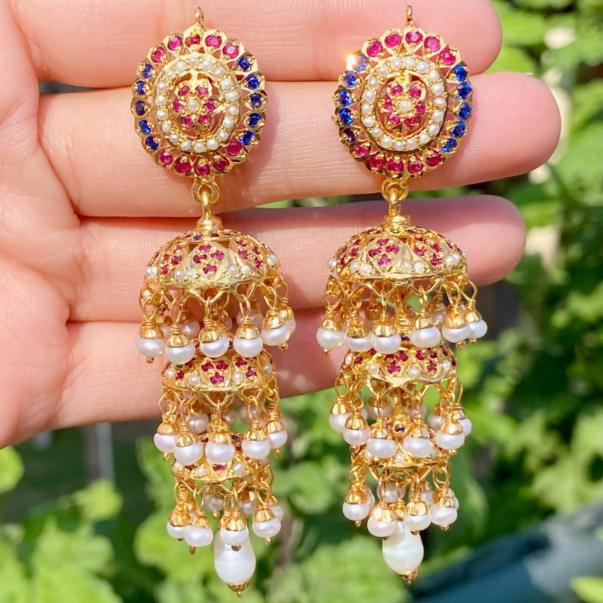gold plated tripple jhumka earrings
