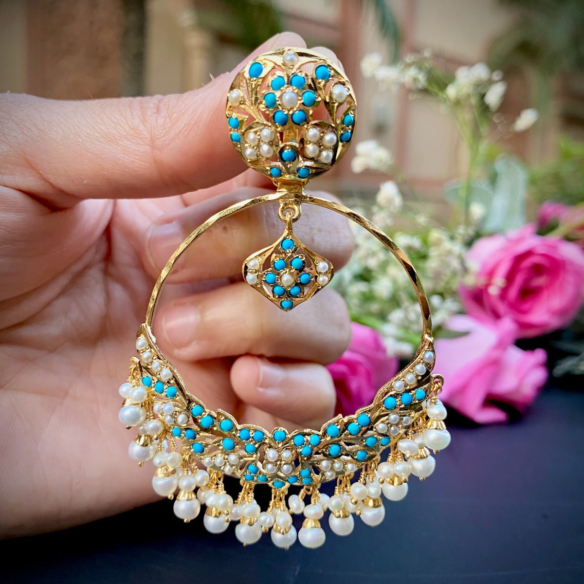 Gold Plated Pearl and Turquoise Chandbali Earrings in Silver ER 364