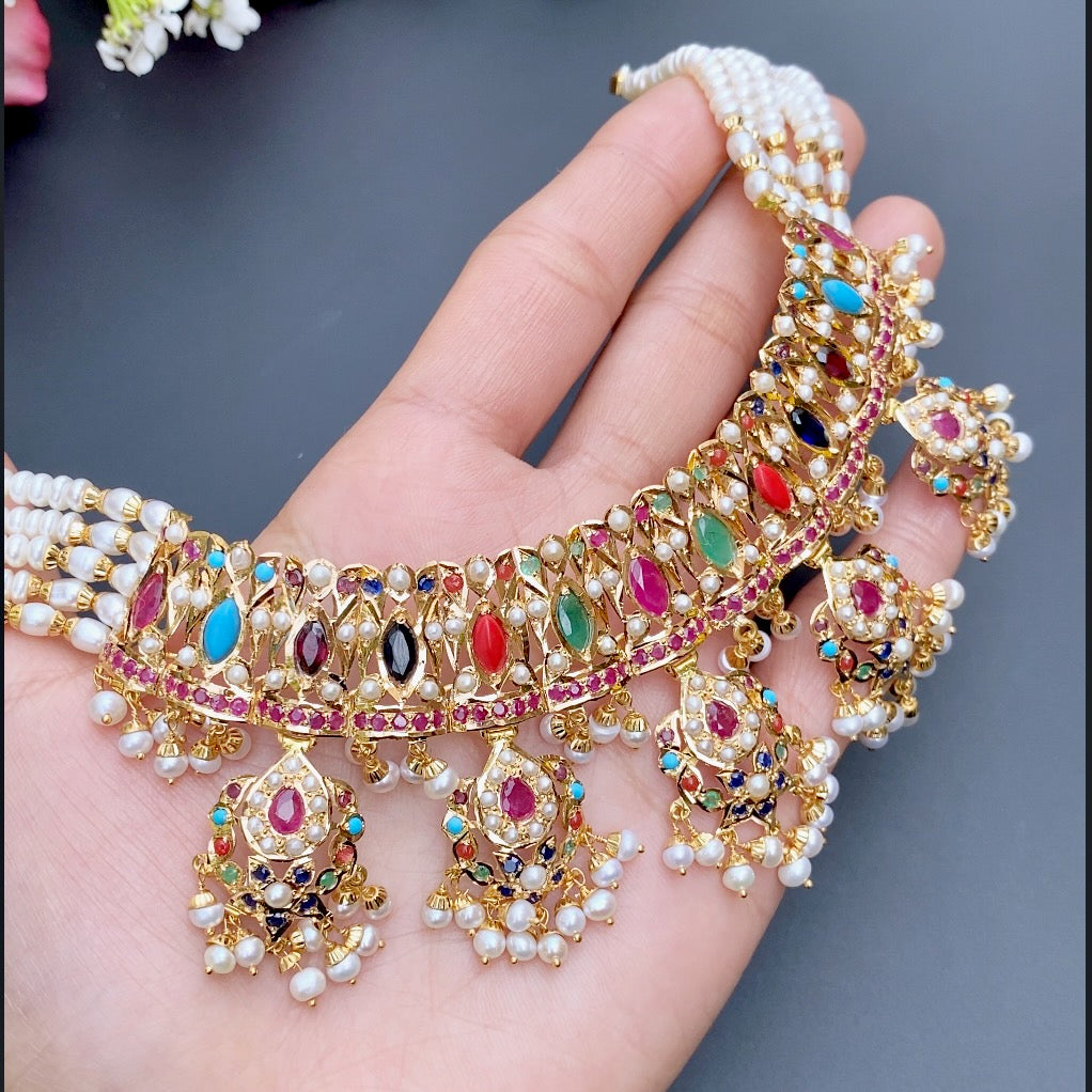 Jadau Choker Set | Navrathan Jewellery | 22K Gold Jewellery GNS 061