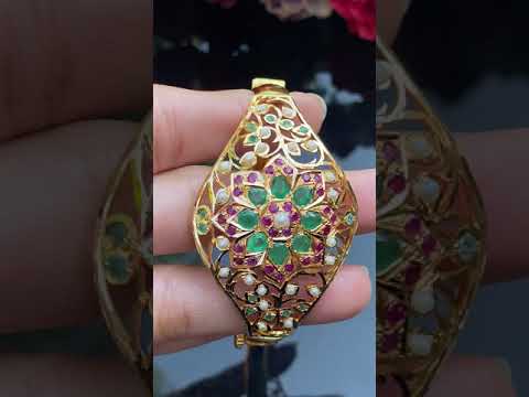 22k gold jadau bracelet set with ruby emerald and pearls