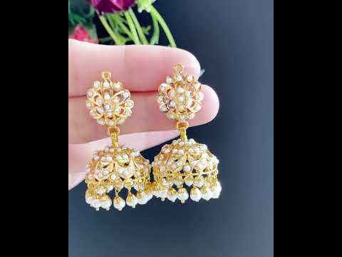 22k gold jhumka earring studded with precious freshwater pearls
