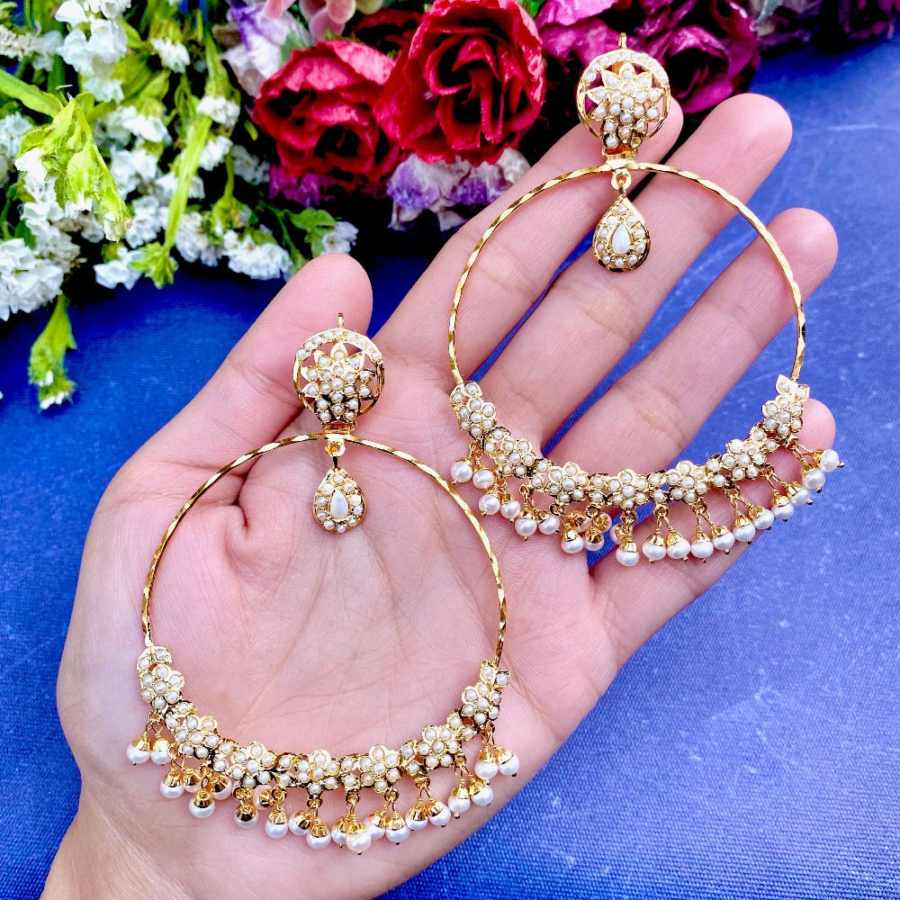 Large Hyderabadi Chandbali Earrings | 925 Sterling Silver with Gold Plating