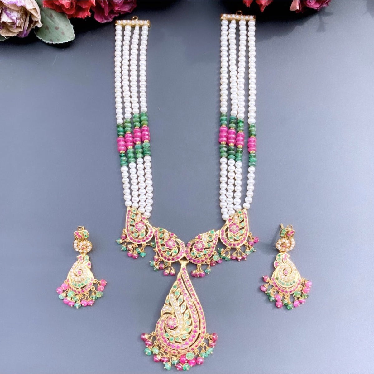 Traditional Hyderabadi Jadau Necklace Set in 22ct Gold GNS 166