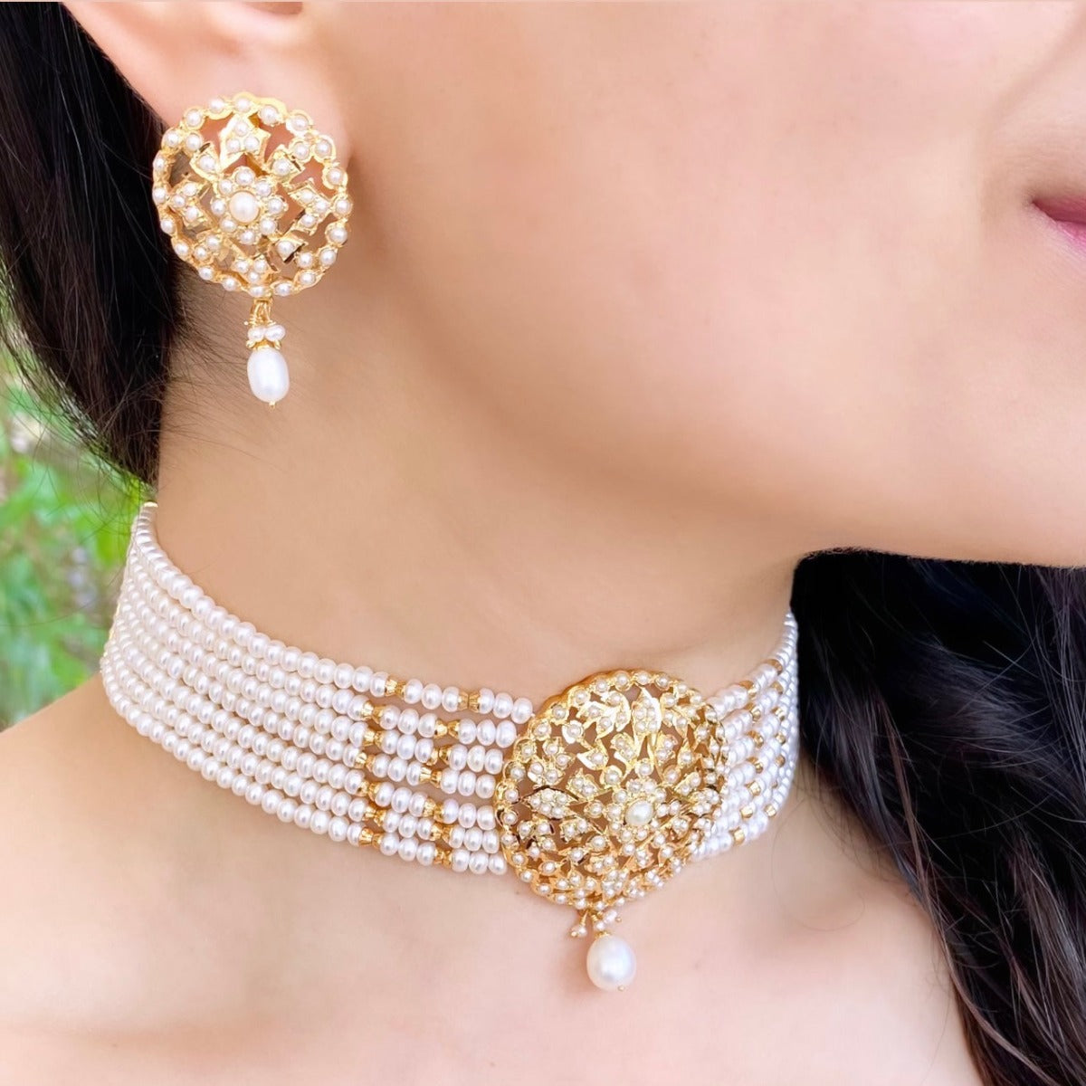 pakistani jadau choker set with freshwater pearls on silver