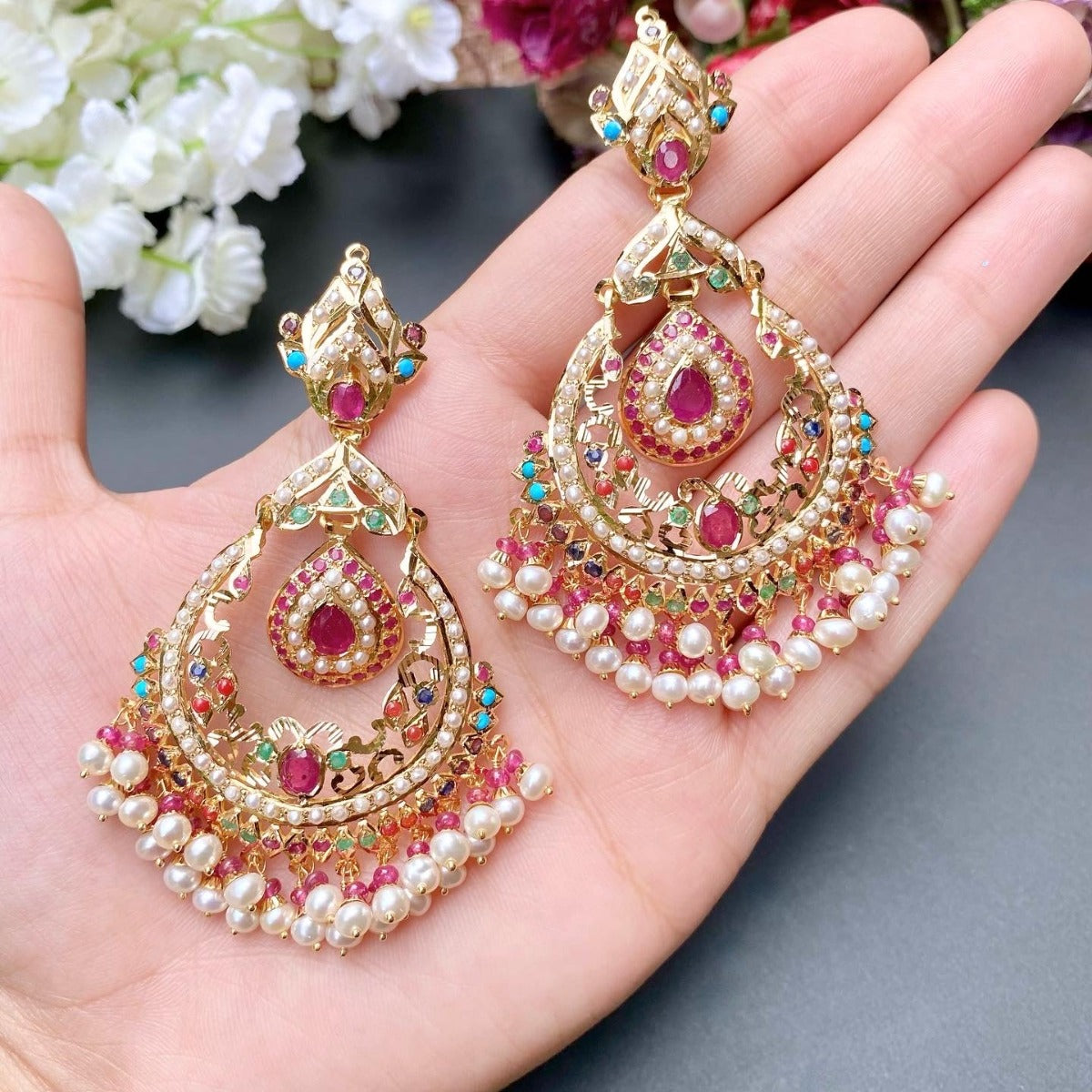 Party-wear Navratana Choker | Chandbali Earrings | 22ct Gold Sets GNS 165