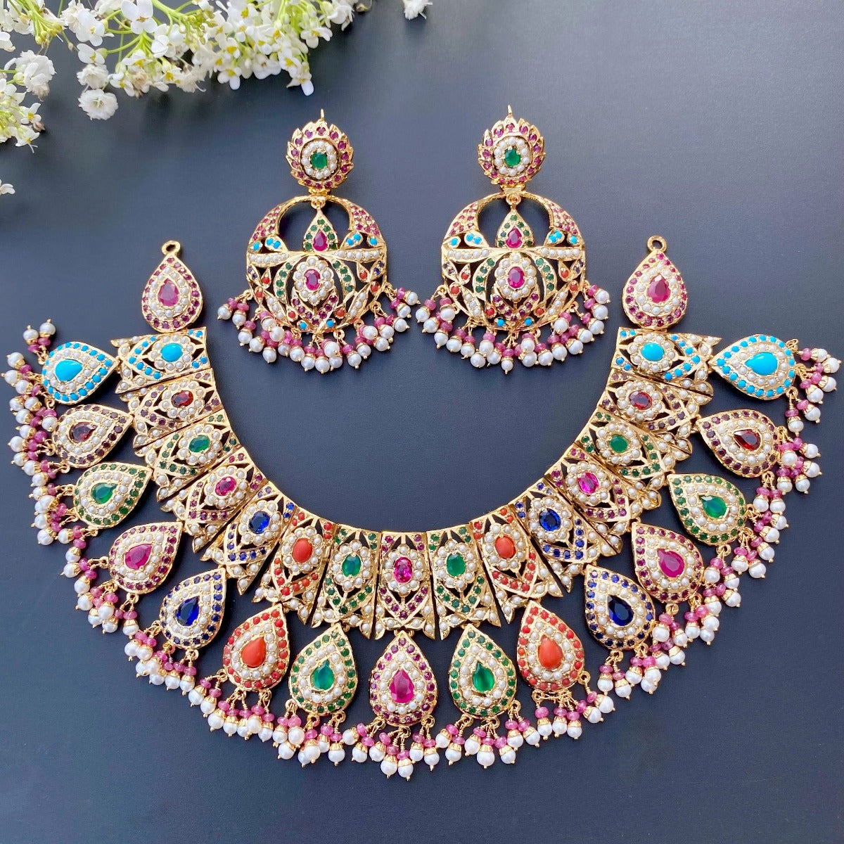 meermankaa navratna necklace set with chand bali